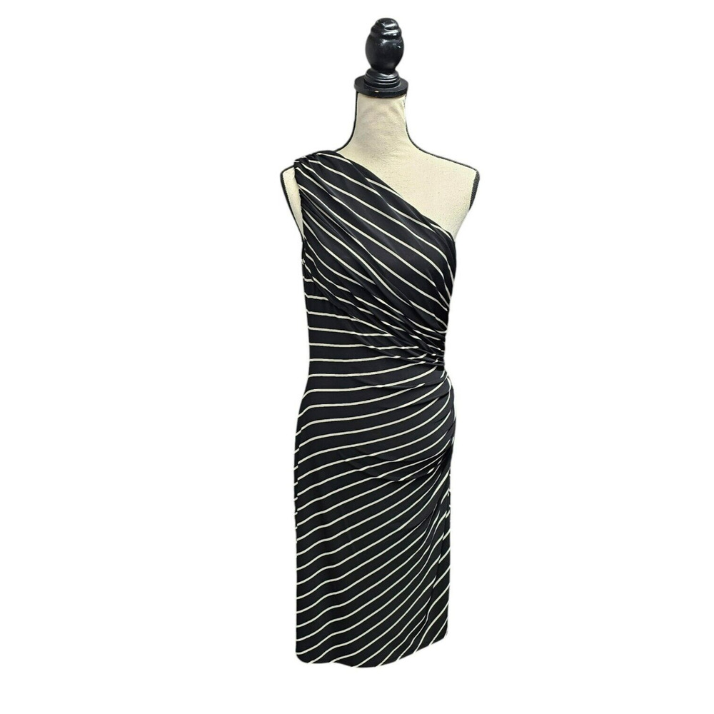 Lauren Ralph Lauren One Shoulder Dress 12 Black Ruched Bodycon Cocktail NWT - Picture 2 of 10